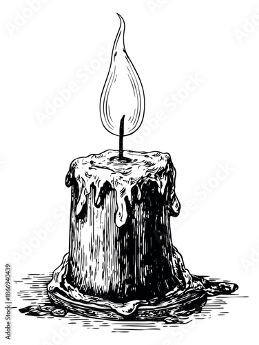 Hand drawn illustration of a candle depicting a burning flame and dripping wax for warmth and ambiance