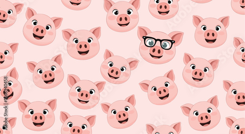 A seamless repeating pattern of cute, happy pig faces on a pink background, with one special pig wearing nerdy glasses.