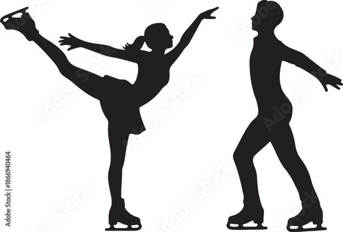 Silhouettes of Male and Female Ice Skaters Performing Elegant Dance Poses on Ice for Winter Sports, Art, and Design Use