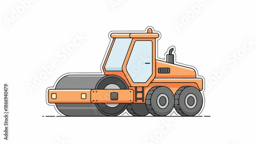 An orange road roller with a large gray drum and three wheels on a white background with a simple illustration style.