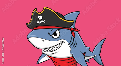 A menacing but fun cartoon shark character is dressed as a pirate with a captain's hat, red bandana, and a toothy grin.