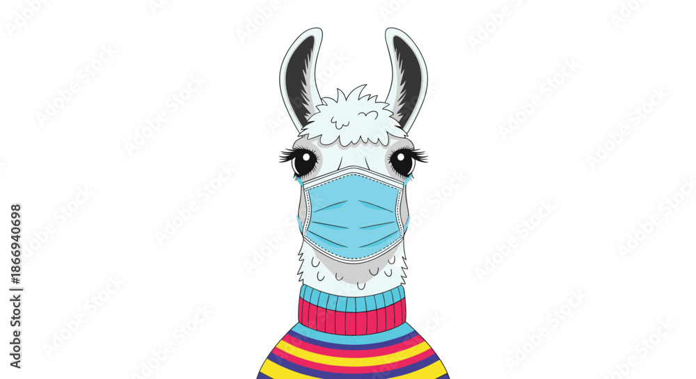 Obraz premium A stylish llama wearing a colorful striped sweater and a blue medical face mask looks directly at the camera with big eyes.