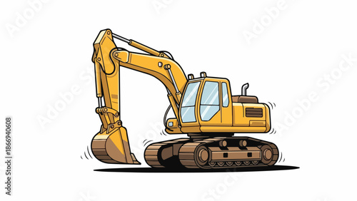 Illustration of a yellow excavator with a large arm and bucket against a plain white background.