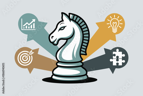 Business strategy planning concept with knight chess piece and success elements vector illustration