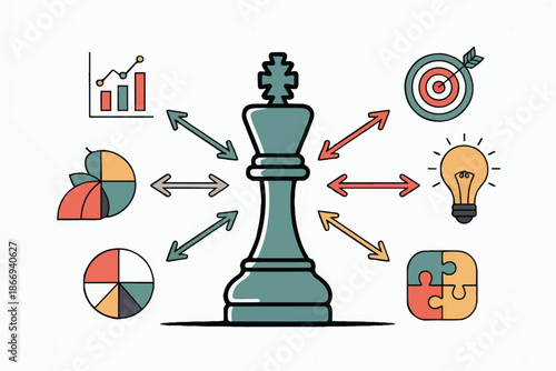 Strategic business planning concept king chess piece surrounded by decision making icons vector design