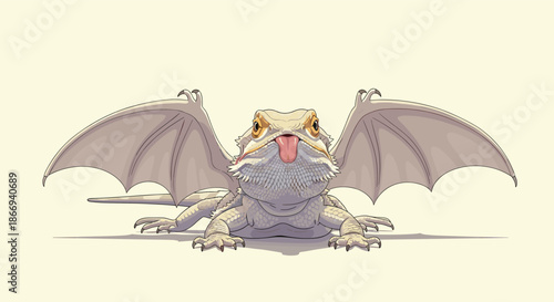 Detailed illustration of a mythical bearded dragon lizard with large, leathery bat-like wings, sticking its tongue out.