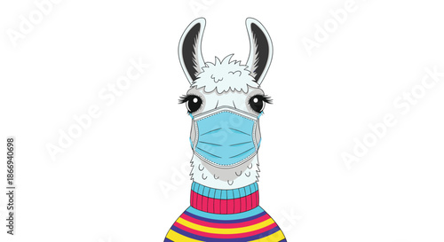 A stylish llama wearing a colorful striped sweater and a blue medical face mask looks directly at the camera with big eyes.