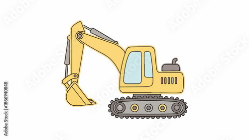 Illustration of a yellow excavator with a large arm and bucket on tracks against a plain white background.