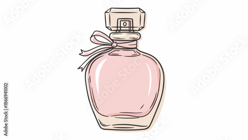 A pink perfume bottle with a bow and cap on a white background in a simple line drawing style.