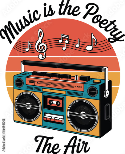 Retro boombox with musical notes and colorful background