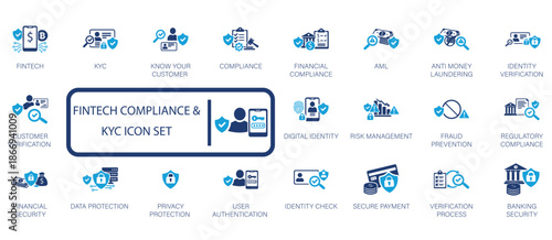 Fintech compliance and KYC icon set featuring digital identity, customer verification, fraud prevention, financial security, AML, risk management, and user authentication symbols.