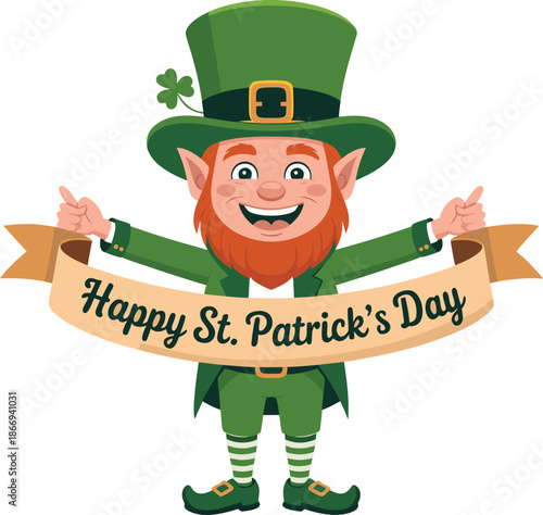 A cheerful leprechaun character is depicted holding a banner wishing everyone a happy st patrick s day celebration