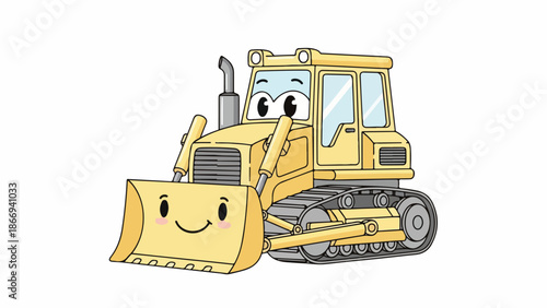 A cartoon bulldozer with a smiling face and expressive eyes on a plain white background.