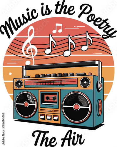 Retro boombox with musical notes and sunset background 2