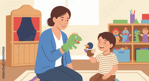 Play Therapist Using Puppet Therapy
A flat vector illustration of a play therapist holding a puppet and interacting with a child who responds playfully. 