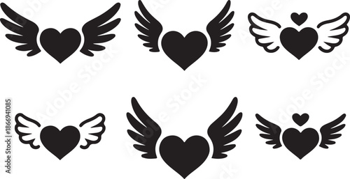 Winged heart icons collection with black silhouette designs for love and freedom symbols vector illustration