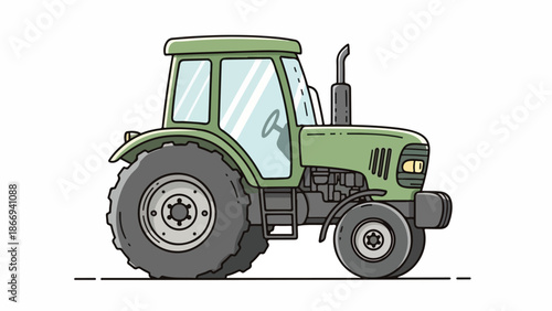 Green tractor with large tires and a glass-enclosed cabin on a white background, viewed from the side.