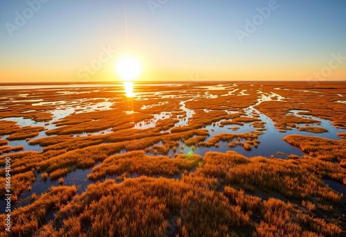 Golden hour sun illuminates a vast coastal salt marsh on the Virginia shore, showcasing tidal flooding and brackish water, saltmarsh,  coastal landscape