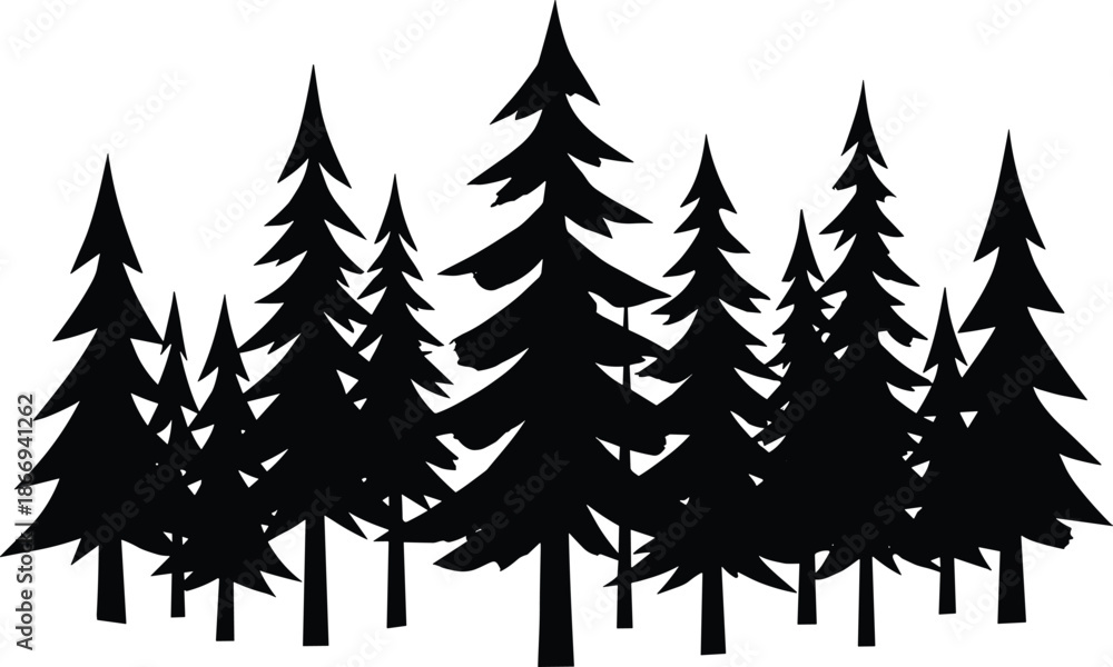 Obraz premium Black pine tree forest silhouette illustration with dense evergreen woodland, minimalist nature graphic isolated on white background for design use