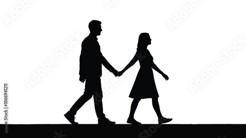 A silhouette of a loving couple walking hand in hand together