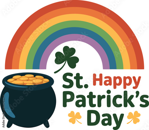 a vibrant illustration featuring a rainbow a pot of gold a shamrock and text wishing a happy st patrick s day