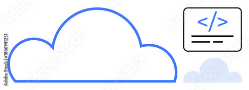 Cloud computing, software coding, data storage, web development, IT services, innovation. Cloud icon with programming code symbol. Cloud computing and software coding theme