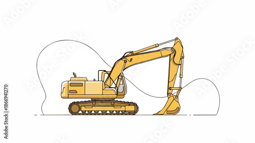 Illustration of a yellow excavator with a white background and minimalist line art design elements.