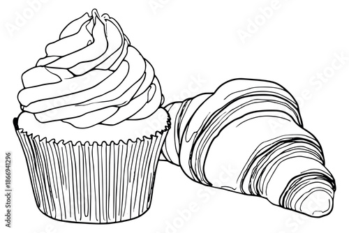 Hand drawn line art bakery set featuring a cupcake and a croissant for cafes and sweet treats