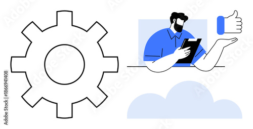 Technology, teamwork, feedback, user interface design, business solutions, cloud computing. Gear icon, person with tablet giving thumbs up cloud graphic. Technology and teamwork in user interface