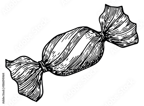 Hand drawn illustration of a wrapped candy depicting a sweet treat for confectionery design