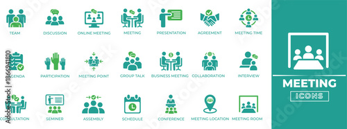 Meeting solid icon set. Contains symbols for seminar, Webinar, Collaboration, Discussion, Interview, and strategy meeting. Flat vector design for corporate presentations and team collaboration.