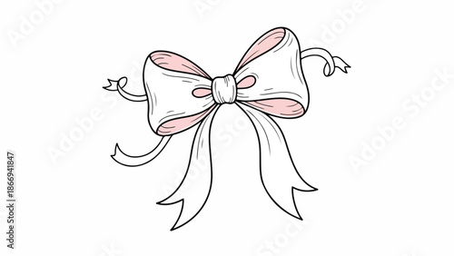 A simple hand-drawn illustration of a white ribbon bow with pink interior details on a plain white background in a minimalist style.