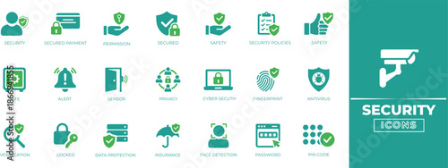 Security icon set with shield, Lock, Password, Fingerprint, Network, Server, Code, Safe, Firewall, Encryption, and protection symbols. Solid icon collection.