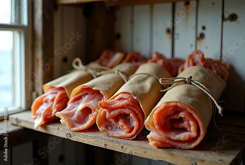 Crafted delicacies displayed on a rustic wooden shelf in a charming countryside setting