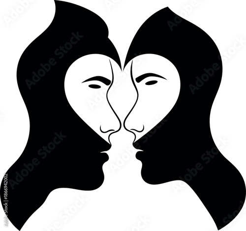 Black and white duality faces silhouette vector illustration isolated on transparent background