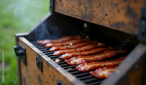 Sizzling bacon strips cooked to perfection on a wood grill in a sunlit garden during a weekend barbecue gathering