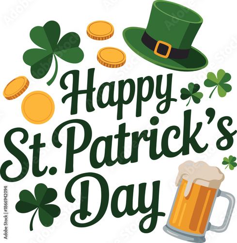 a colorful illustration depicts traditional st patrick s day symbols including a hat shamrocks gold coins and a pint of beer