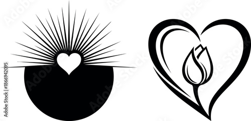 Heart and flower minimalist vector illustration set silhouette isolated on transparent background