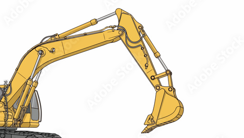 Detailed illustration of a yellow excavator with a large arm and bucket against a clean white background.