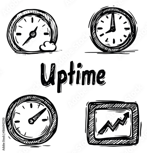 Hand drawn line art uptime icons set featuring clocks, gauges, and a rising graph for business and technology monitoring