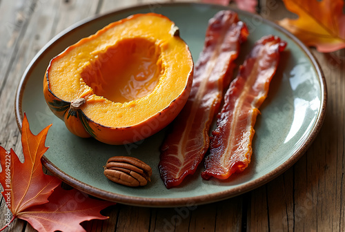 Savory autumn flavors come together with squash, crispy bacon, and pecans on a rustic wooden table