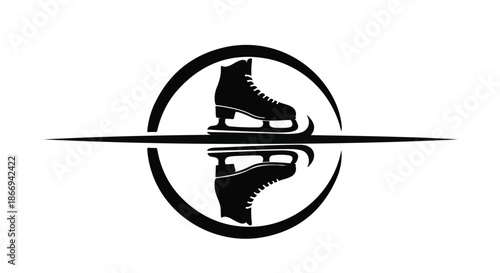 Stylized silhouette of ice skates centered within a circular frame, with a reflection below