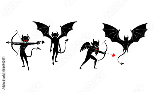 Evil cupid and devil bat character silhouettes vector set
