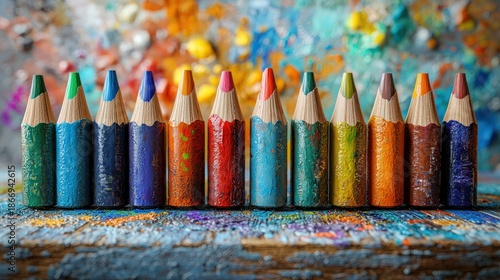 Colorful used pencils on painted wood, art background, creativity concept, education