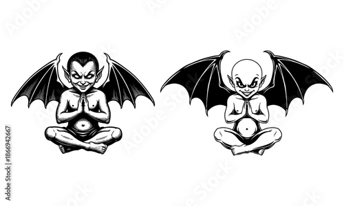 Evil cupid imp with bat wings in meditative pose vector art