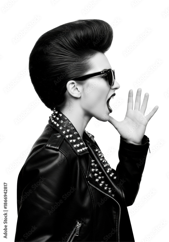 Obraz premium Young woman with dark pompadour, sunglasses, studded leather jacket, shouting with hand raised against transparent background, high contrast black and white, concept of rebellion and rock music