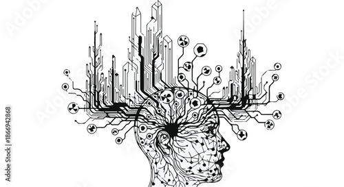 Abstract illustration of a human head filled with intricate network of circuits and futuristic cityscape.