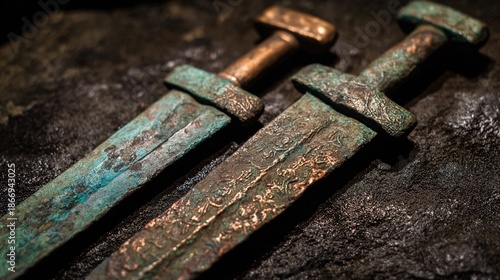 constancies. Two ancient bronze swords with complementary patina on a dark surface. event programs, museum guides, designed for cultural heritage projects and event programs.