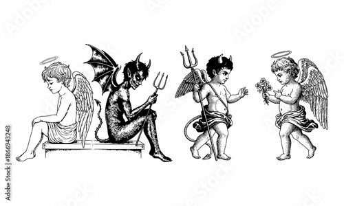 Evil cupid and angel cherub duality vintage illustration