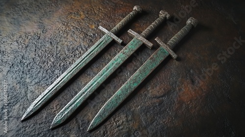 constancies. Two ancient bronze swords with complementary patina on a dark surface. event programs, museum guides, designed for cultural heritage projects and event programs.